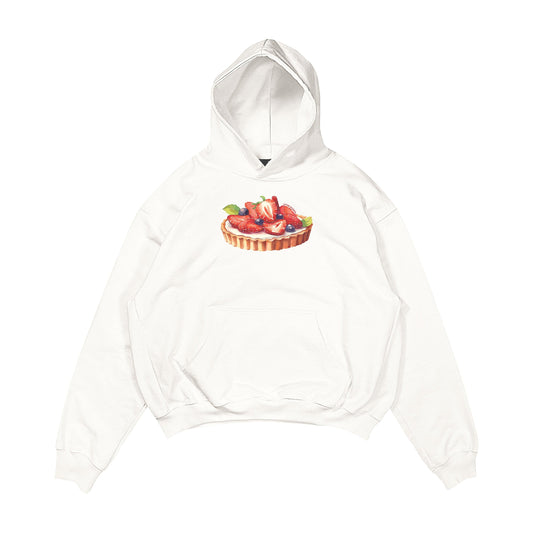 Aesthetic, çilekli tart desenli, pinterest tarzı, günlük kullanıma uygun olarak pamuklu kumaştan üretilmiş oversize ekru renk hoodie.