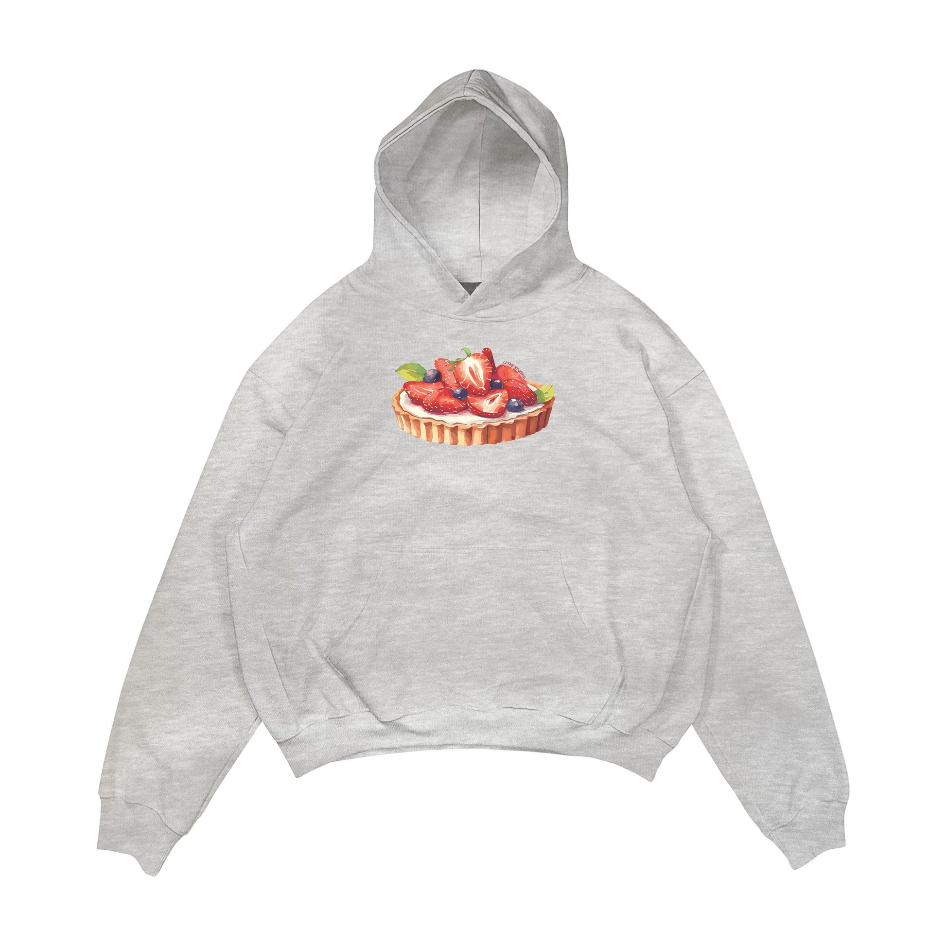 Aesthetic, çilekli tart desenli, pinterest tarzı, günlük kullanıma uygun olarak pamuklu kumaştan üretilmiş oversize gri renk hoodie.