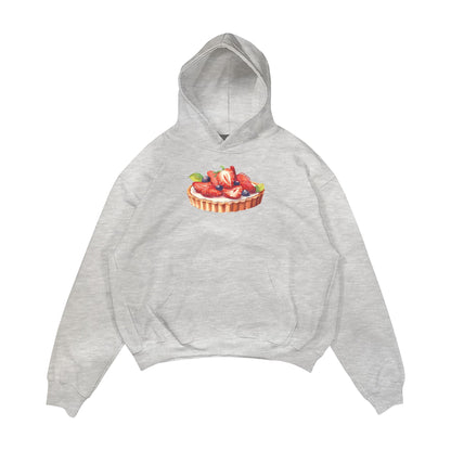 Aesthetic, çilekli tart desenli, pinterest tarzı, günlük kullanıma uygun olarak pamuklu kumaştan üretilmiş oversize gri renk hoodie.