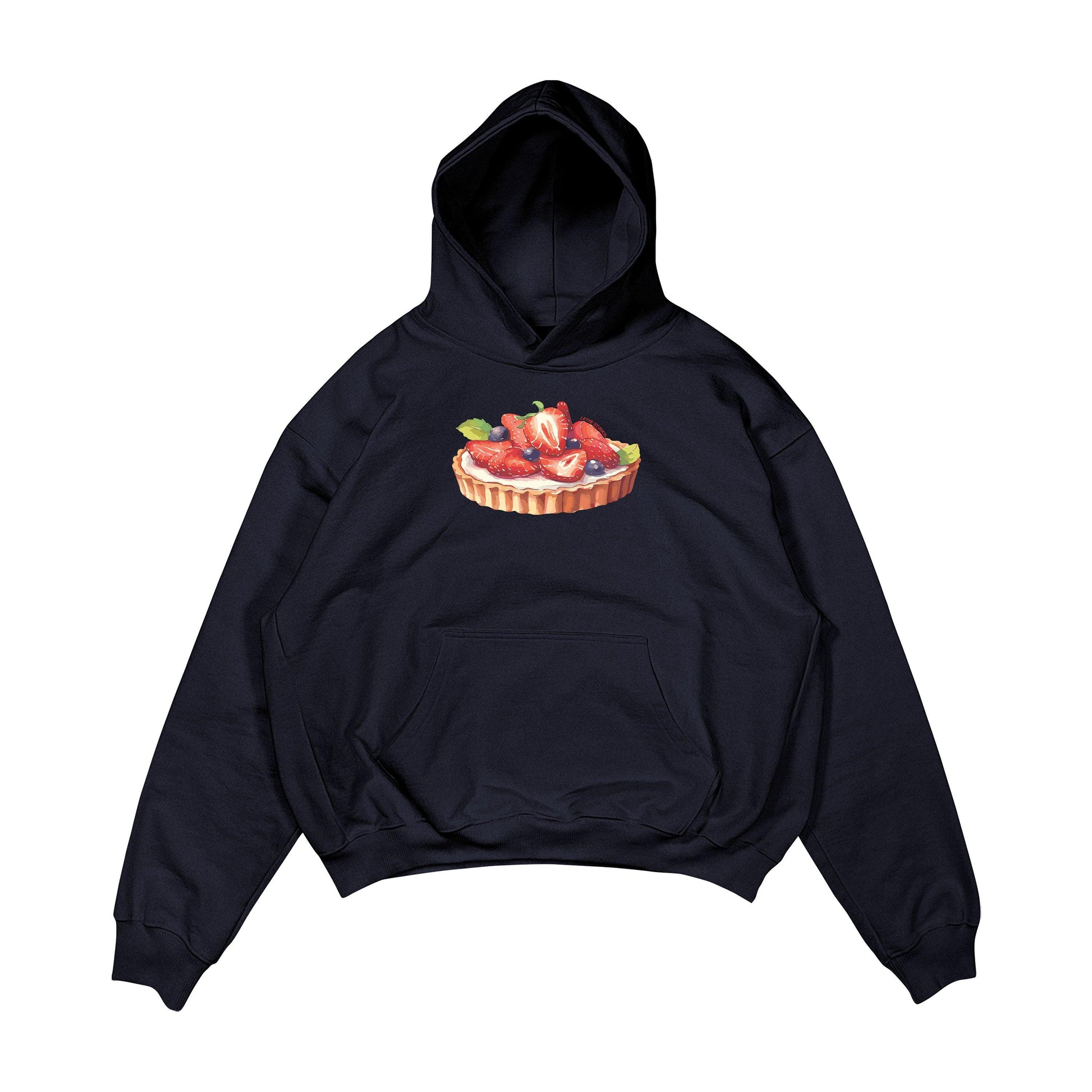 Aesthetic, çilekli tart desenli, pinterest tarzı, günlük kullanıma uygun olarak pamuklu kumaştan üretilmiş oversize koyu lacivert renk hoodie.