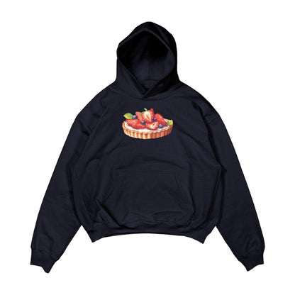 Aesthetic, çilekli tart desenli, pinterest tarzı, günlük kullanıma uygun olarak pamuklu kumaştan üretilmiş oversize koyu lacivert renk hoodie.