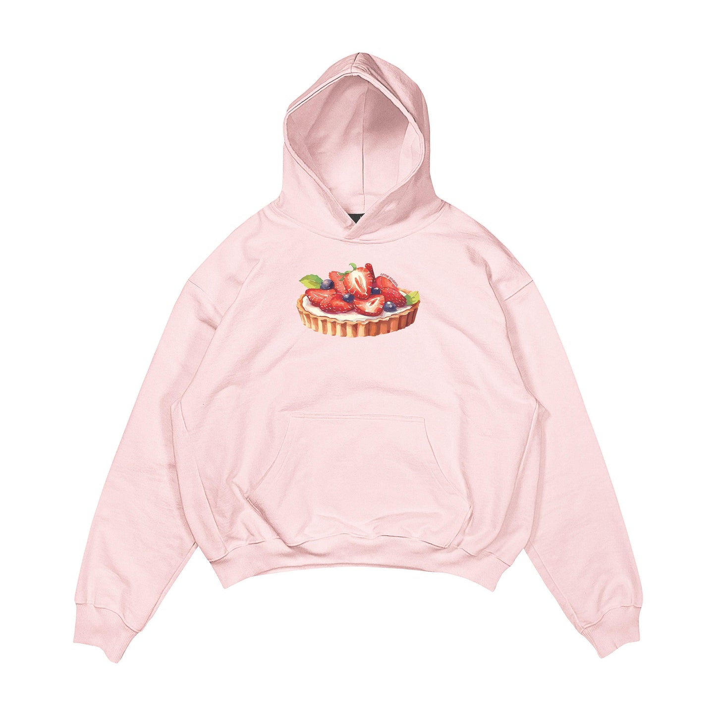 Aesthetic, çilekli tart desenli, pinterest tarzı, günlük kullanıma uygun olarak pamuklu kumaştan üretilmiş oversize pembe renk hoodie.