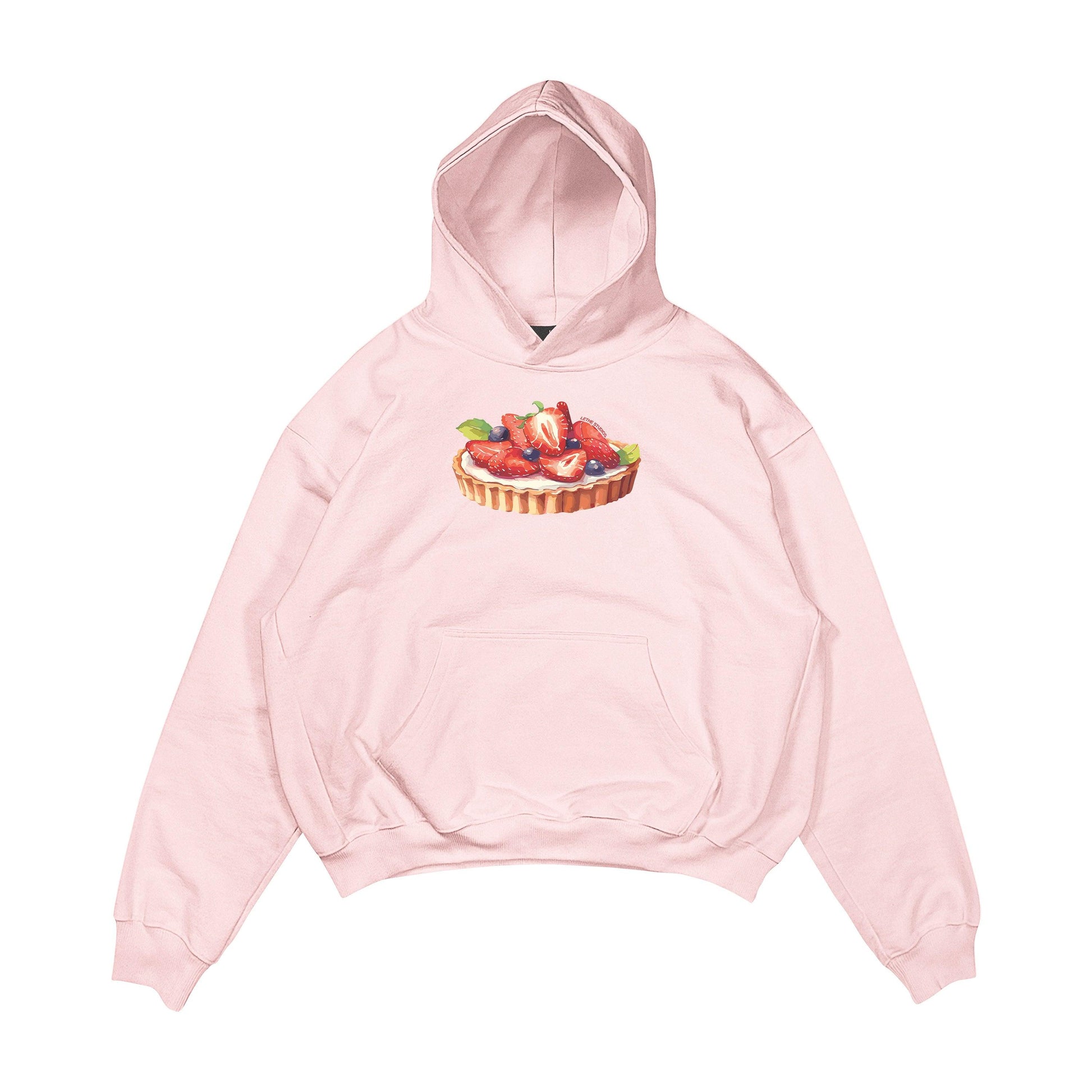 Aesthetic, çilekli tart desenli, pinterest tarzı, günlük kullanıma uygun olarak pamuklu kumaştan üretilmiş oversize pembe renk hoodie.