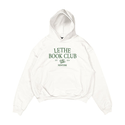 Aesthetic, book club desenli, kitap okumayı sevenlere uygun, cozy, günlük kullanıma uygun olarak pamuklu kumaştan üretilmiş oversize ekru renk hoodie.