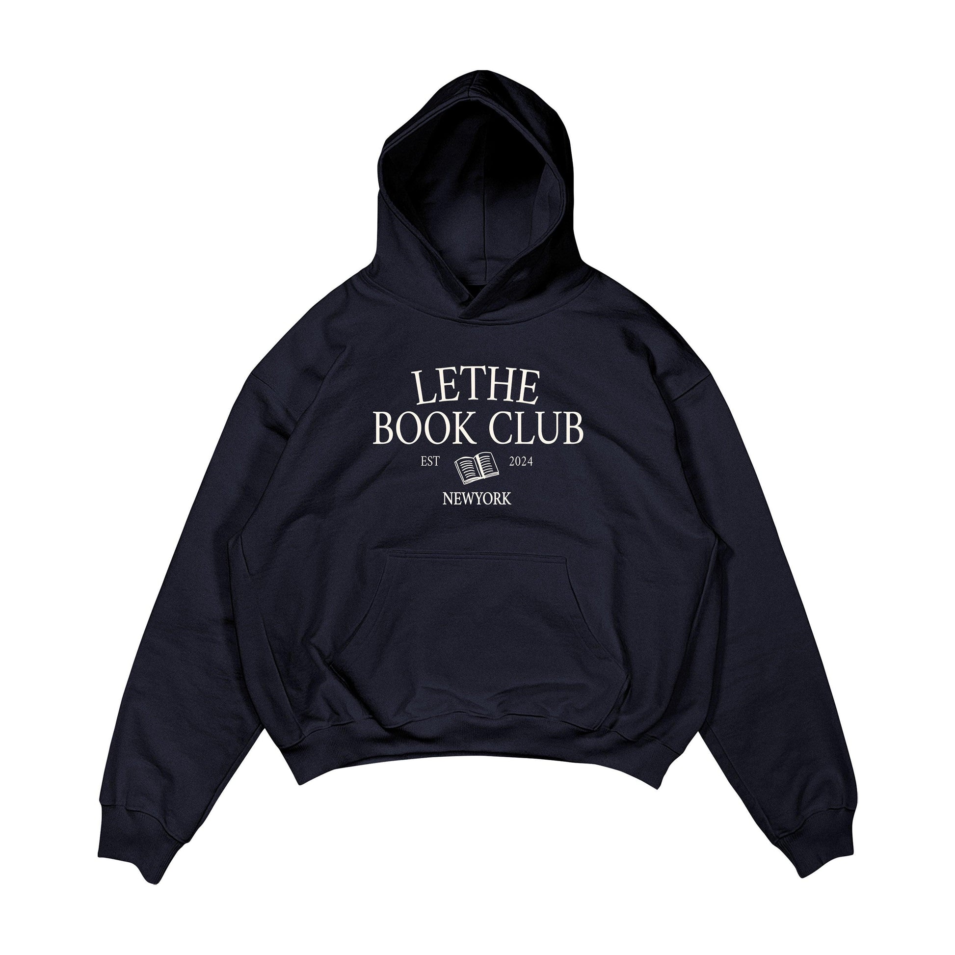 Aesthetic, book club desenli, kitap okumayı sevenlere uygun, cozy, günlük kullanıma uygun olarak pamuklu kumaştan üretilmiş oversize koyu lacivert renk hoodie.