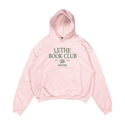 Aesthetic, book club desenli, kitap okumayı sevenlere uygun, cozy, günlük kullanıma uygun olarak pamuklu kumaştan üretilmiş oversize pembe renk hoodie.