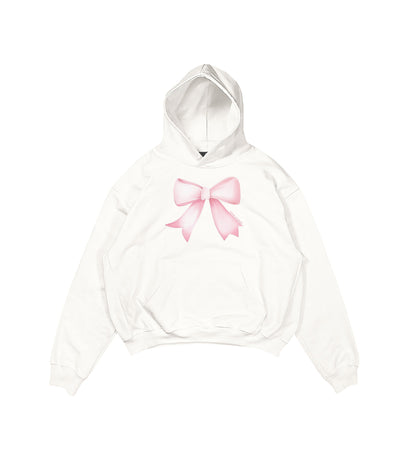 Aesthetic, kurdele desenli, ribbon, coquette, pinterest tarzı baskılı, günlük kullanıma uygun olarak pamuklu kumaştan üretilmiş oversize ekru hoodie.