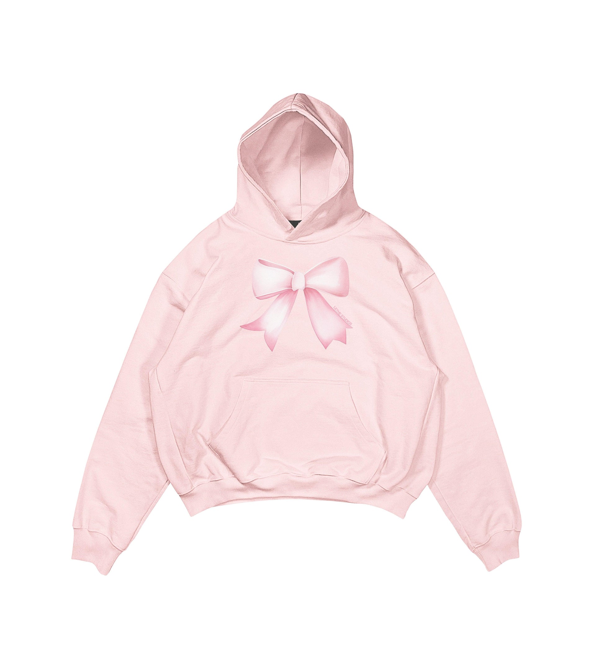 Aesthetic, kurdele desenli, ribbon, coquette, pinterest tarzı baskılı, günlük kullanıma uygun olarak pamuklu kumaştan üretilmiş oversize pembe hoodie.
