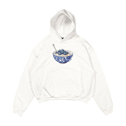 Aesthetic, yabanmersinli yulaf kasesi desenli, cozy, pinterest tarzı, günlük kullanıma uygun olarak pamuklu kumaştan üretilmiş oversize ekru renk hoodie.