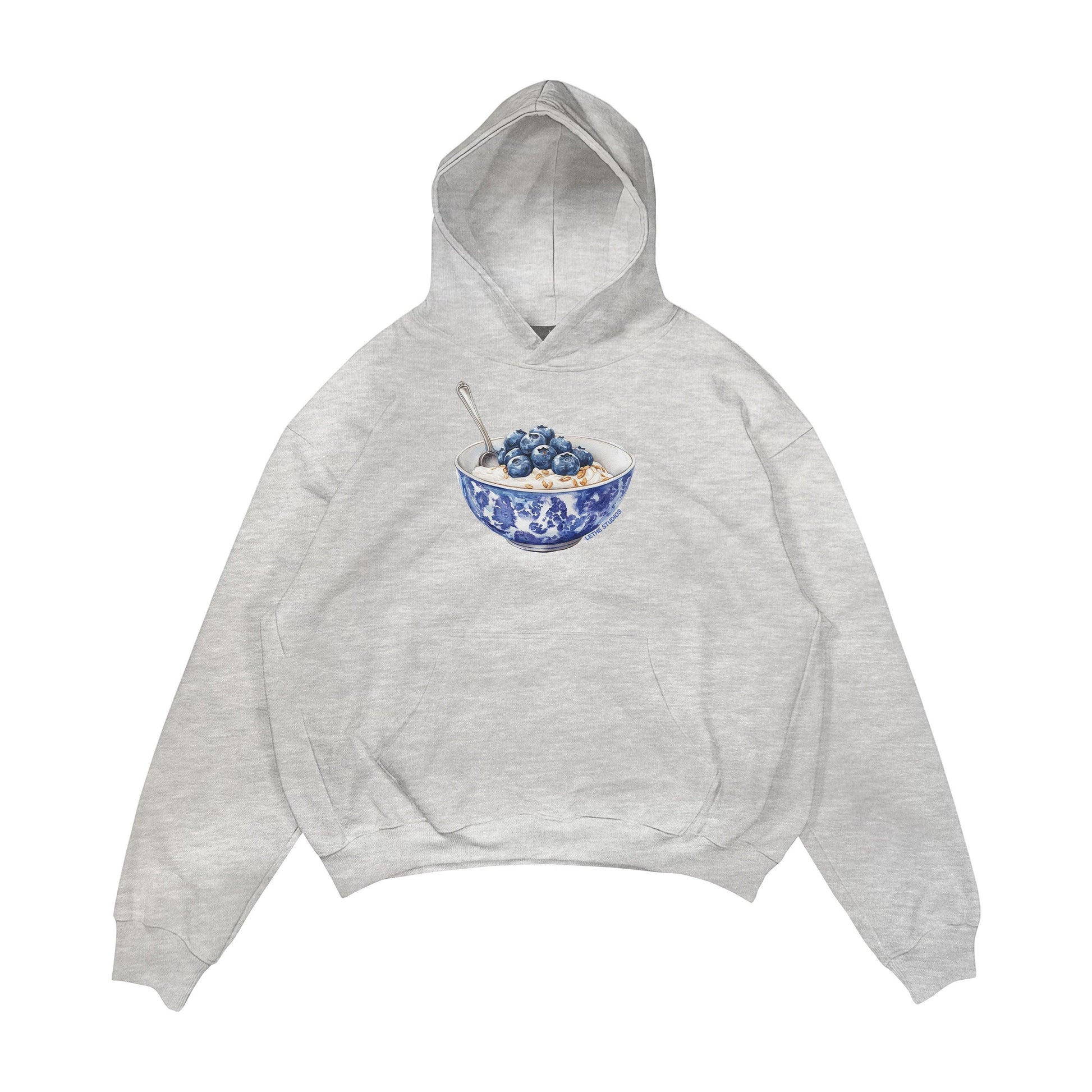 Aesthetic, yabanmersinli yulaf kasesi desenli, cozy, pinterest tarzı, günlük kullanıma uygun olarak pamuklu kumaştan üretilmiş oversize gri renk hoodie.