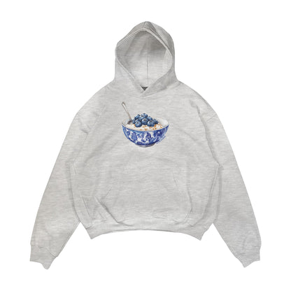 Aesthetic, yabanmersinli yulaf kasesi desenli, cozy, pinterest tarzı, günlük kullanıma uygun olarak pamuklu kumaştan üretilmiş oversize gri renk hoodie.