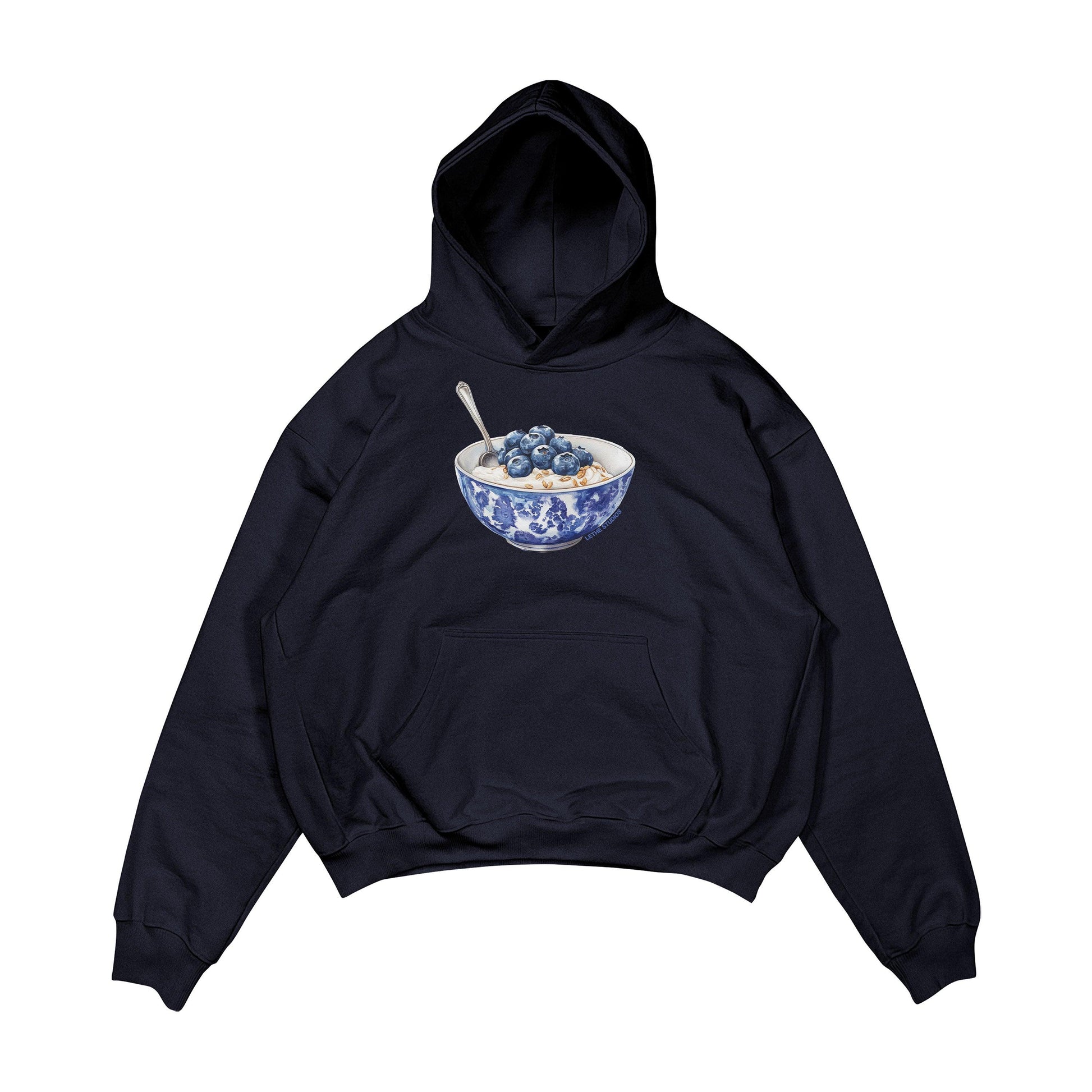 Aesthetic, yabanmersinli yulaf kasesi desenli, cozy, pinterest tarzı, günlük kullanıma uygun olarak pamuklu kumaştan üretilmiş oversize koyu lacivert renk hoodie.