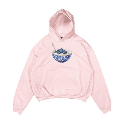 Aesthetic, yabanmersinli yulaf kasesi desenli, cozy, pinterest tarzı, günlük kullanıma uygun olarak pamuklu kumaştan üretilmiş oversize ekru renk hoodie.