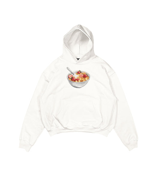 Aesthetic, cereal desenli, ribbon, coquette, pinterest tarzı baskılı, günlük kullanıma uygun olarak pamuklu kumaştan üretilmiş oversize ekru hoodie.