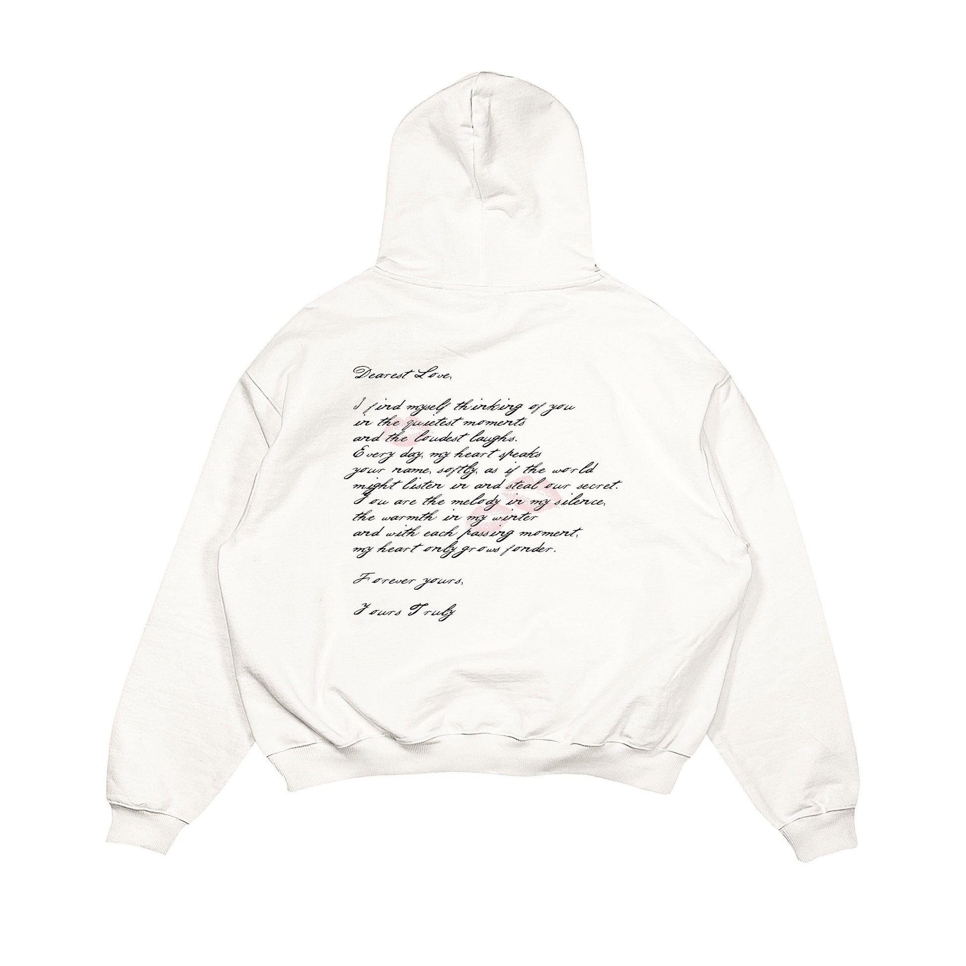 Aesthetic, aşk mektubu desenli, cozy, pinterest tarzı, günlük kullanıma uygun olarak pamuklu kumaştan üretilmiş oversize ekru renk hoodie.