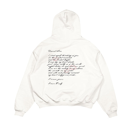 Aesthetic, aşk mektubu desenli, cozy, pinterest tarzı, günlük kullanıma uygun olarak pamuklu kumaştan üretilmiş oversize ekru renk hoodie.