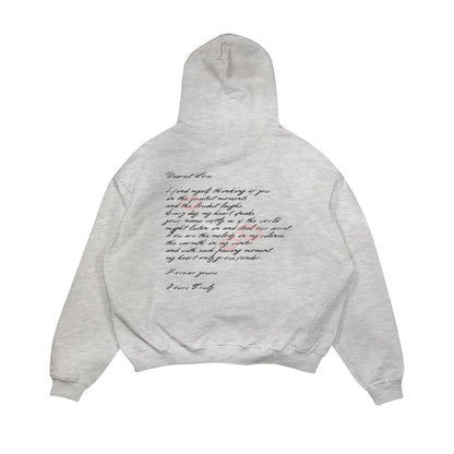 Aesthetic, aşk mektubu desenli, cozy, pinterest tarzı, günlük kullanıma uygun olarak pamuklu kumaştan üretilmiş oversize gri renk hoodie.