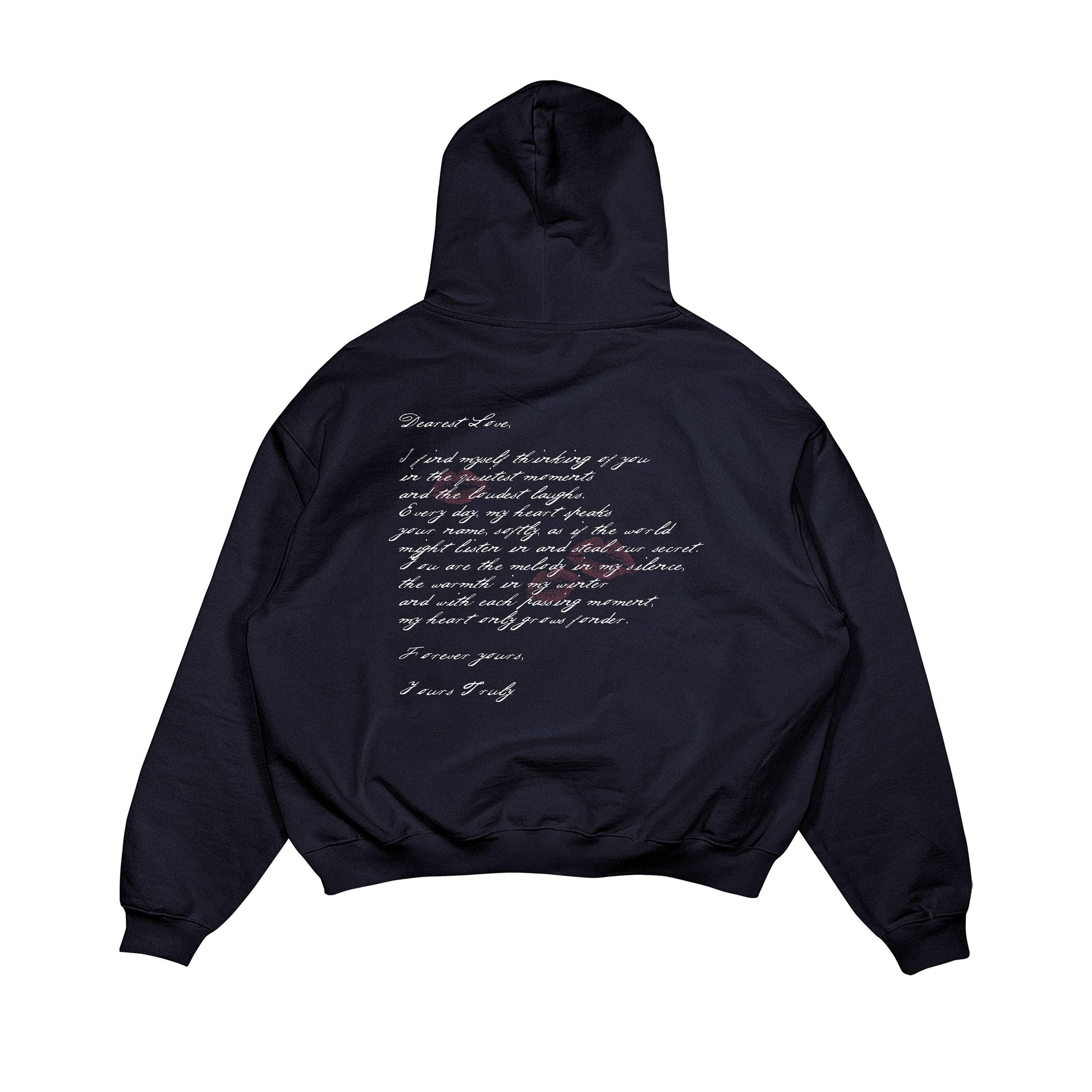 Aesthetic, aşk mektubu desenli, cozy, pinterest tarzı, günlük kullanıma uygun olarak pamuklu kumaştan üretilmiş oversize koyu lacivert renk hoodie.