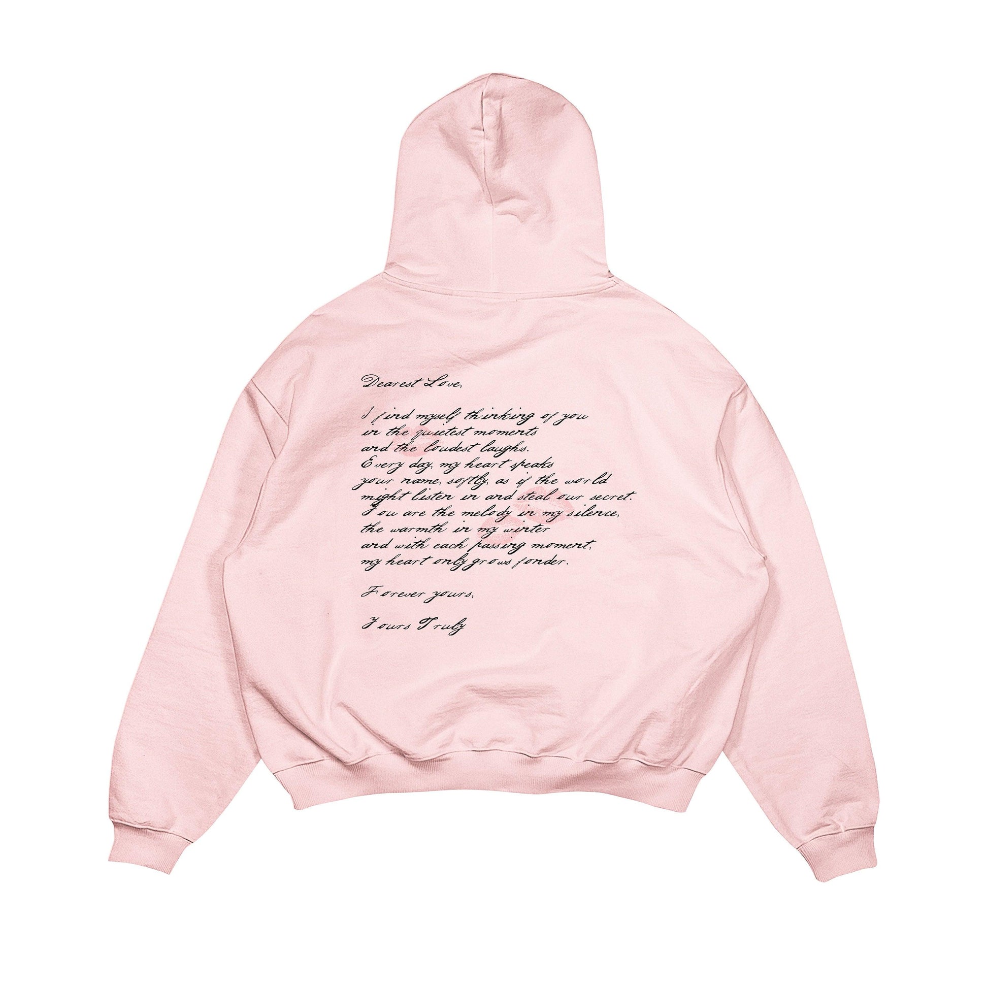 Aesthetic, aşk mektubu desenli, cozy, pinterest tarzı, günlük kullanıma uygun olarak pamuklu kumaştan üretilmiş oversize pembe renk hoodie.