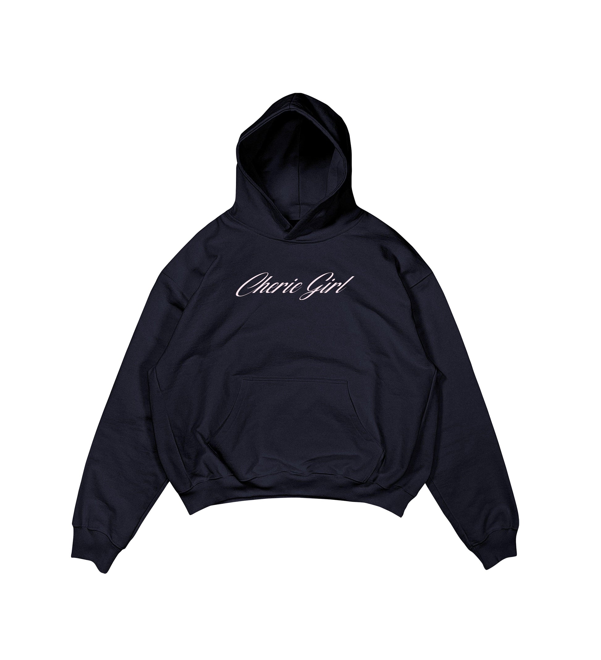 Aesthetic, cherie girl desenli, pinterest tarzı, günlük kullanıma uygun olarak pamuklu kumaştan üretilmiş oversize koyu lacivert renk hoodie.