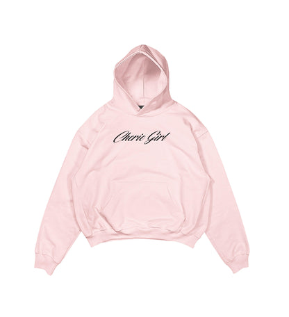 Aesthetic, cherie girl desenli, pinterest tarzı, günlük kullanıma uygun olarak pamuklu kumaştan üretilmiş oversize pembe renk hoodie.
