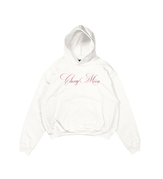 Aesthetic, cherry moon desenli, pinterest tarzı, günlük kullanıma uygun olarak pamuklu kumaştan üretilmiş oversize ekru renk hoodie.