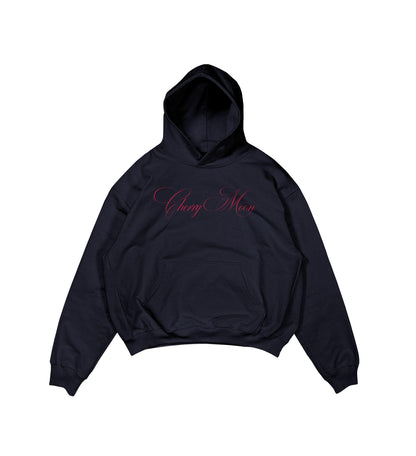 Aesthetic, cherry moon desenli, pinterest tarzı, günlük kullanıma uygun olarak pamuklu kumaştan üretilmiş oversize koyu lacivert renk hoodie.
