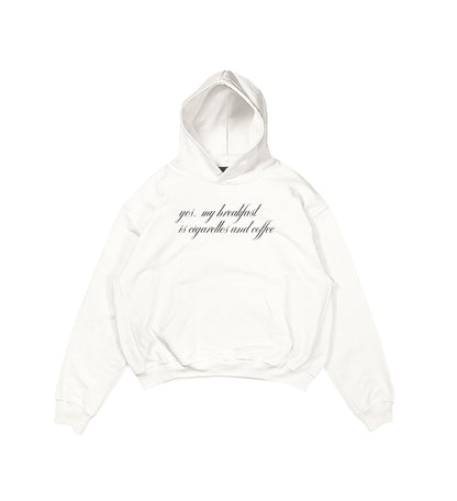 Aesthetic, cigarettes & coffee desenli, pinterest tarzı, günlük kullanıma uygun olarak pamuklu kumaştan üretilmiş oversize ekru renk hoodie.