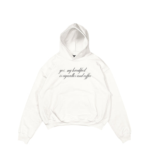 Aesthetic, cigarettes & coffee desenli, pinterest tarzı, günlük kullanıma uygun olarak pamuklu kumaştan üretilmiş oversize ekru renk hoodie.