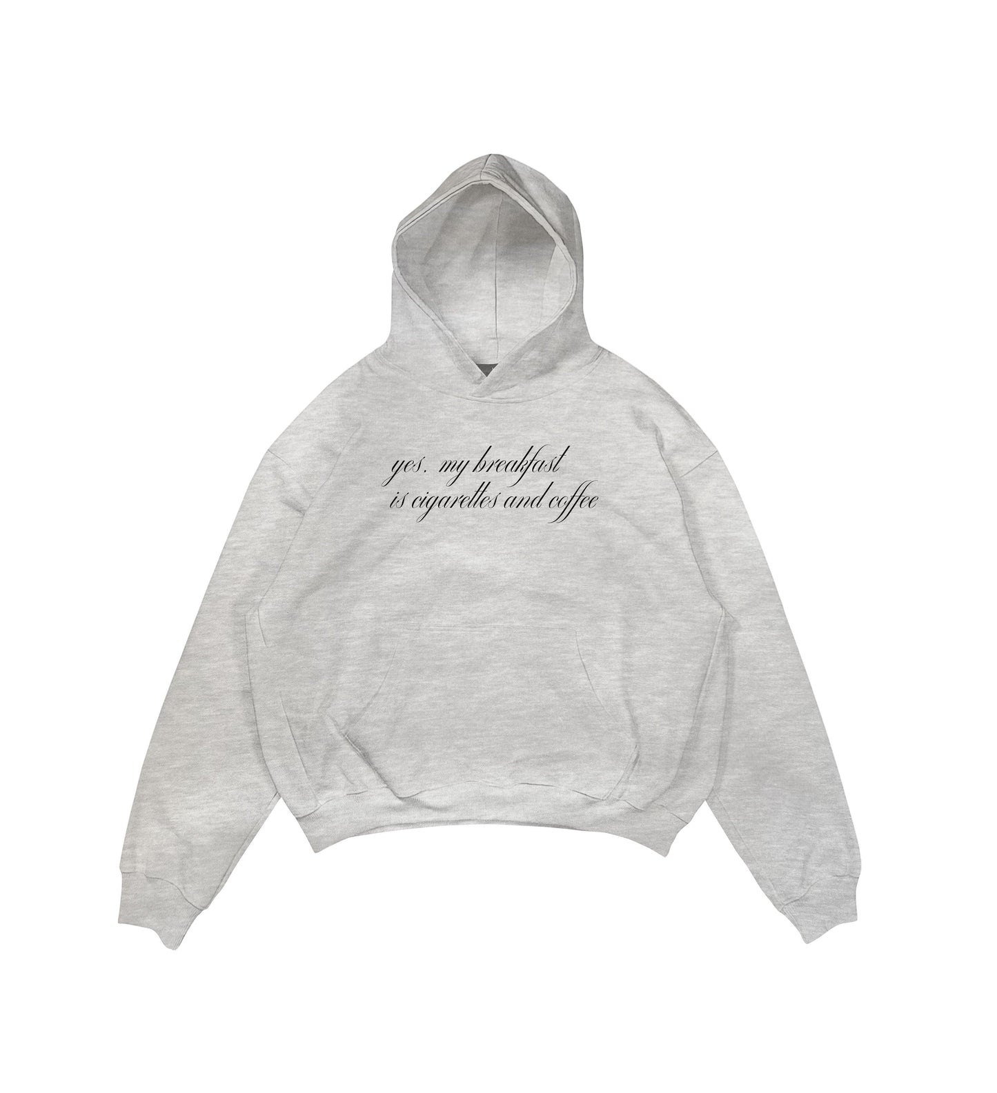 Aesthetic, cigarettes & coffee desenli, pinterest tarzı, günlük kullanıma uygun olarak pamuklu kumaştan üretilmiş oversize gri renk hoodie.