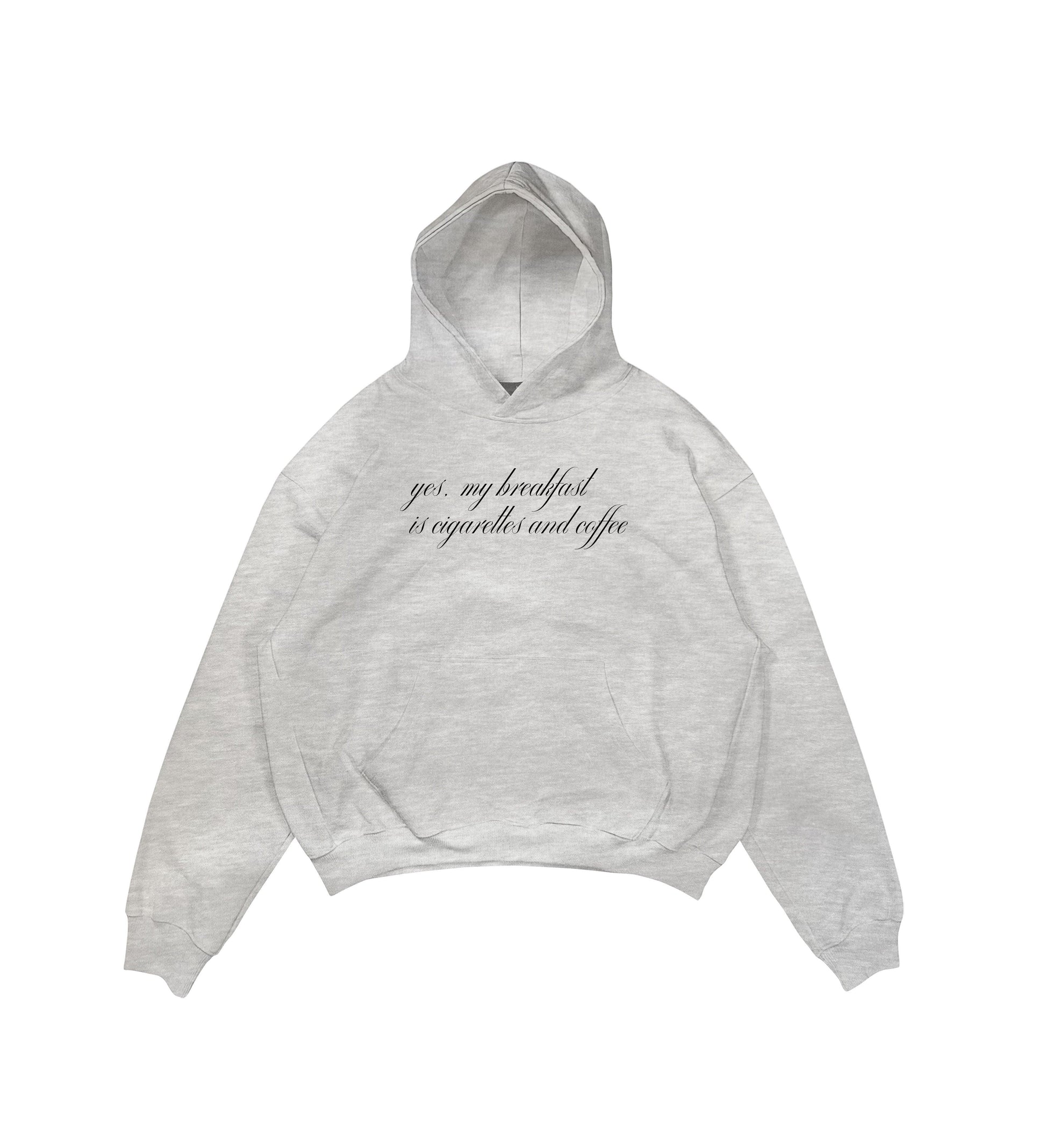 Aesthetic, cigarettes & coffee desenli, pinterest tarzı, günlük kullanıma uygun olarak pamuklu kumaştan üretilmiş oversize gri renk hoodie.