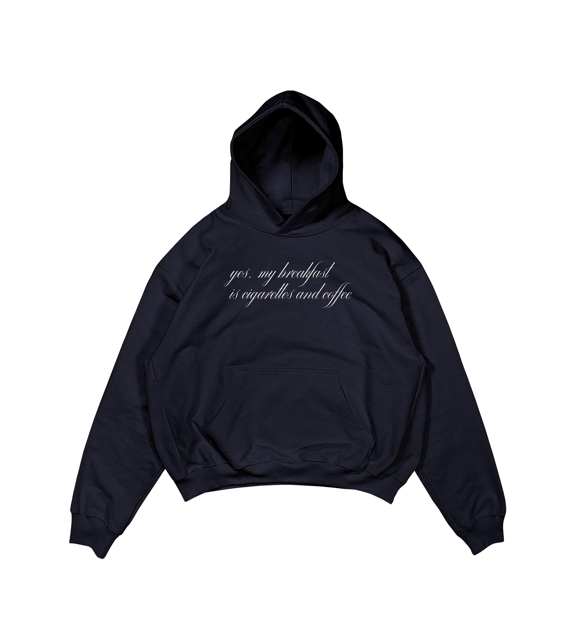 Aesthetic, cigarettes & coffee desenli, pinterest tarzı, günlük kullanıma uygun olarak pamuklu kumaştan üretilmiş oversize koyu lacivert renk hoodie.