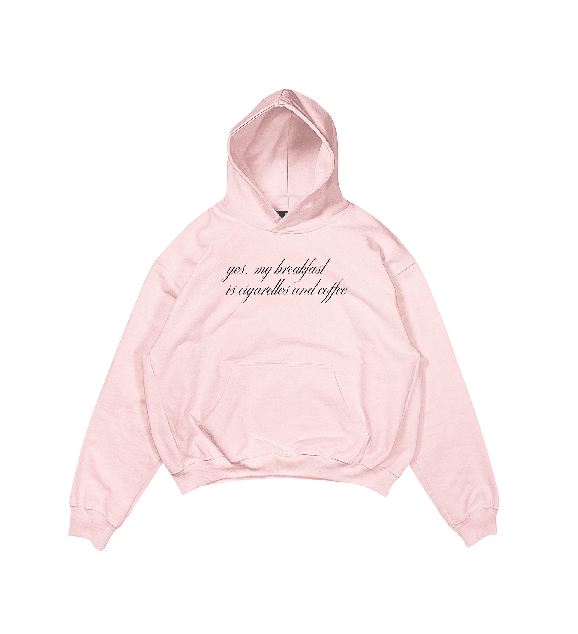 Aesthetic, cigarettes & coffee desenli, pinterest tarzı, günlük kullanıma uygun olarak pamuklu kumaştan üretilmiş oversize pembe renk hoodie.