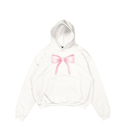 Aesthetic, ribbon desenli, ribbon, coquette, pinterest tarzı baskılı, günlük kullanıma uygun olarak pamuklu kumaştan üretilmiş oversize ekru hoodie.