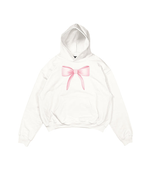 Aesthetic, ribbon desenli, ribbon, coquette, pinterest tarzı baskılı, günlük kullanıma uygun olarak pamuklu kumaştan üretilmiş oversize ekru hoodie.