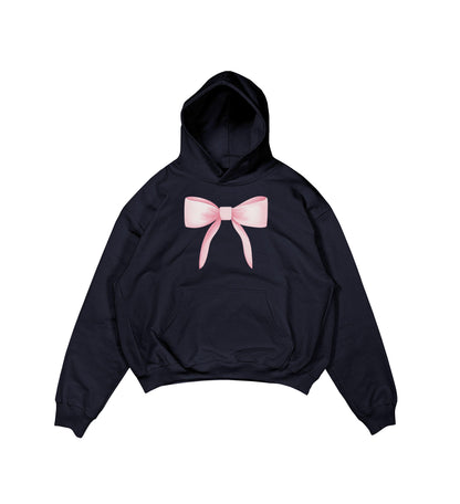 Aesthetic, ribbon desenli, ribbon, coquette, pinterest tarzı baskılı, günlük kullanıma uygun olarak pamuklu kumaştan üretilmiş oversize koyu lacivert hoodie.