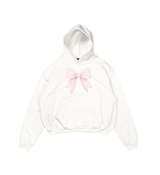 Aesthetic, ribbon desenli, ribbon, coquette, pinterest tarzı baskılı, günlük kullanıma uygun olarak pamuklu kumaştan üretilmiş oversize ekru hoodie.