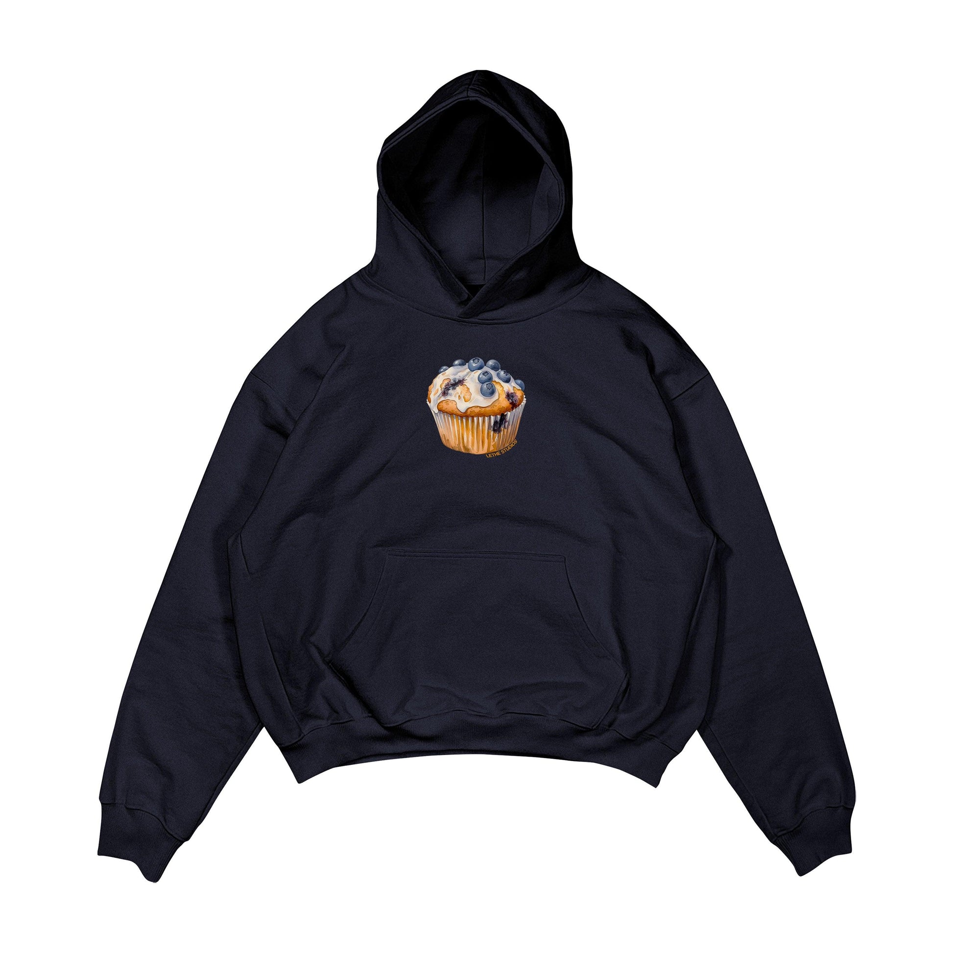 Aesthetic, cupcake desenli, cozy, pinterest tarzı, günlük kullanıma uygun olarak pamuklu kumaştan üretilmiş oversize koyu lacivert renk hoodie.