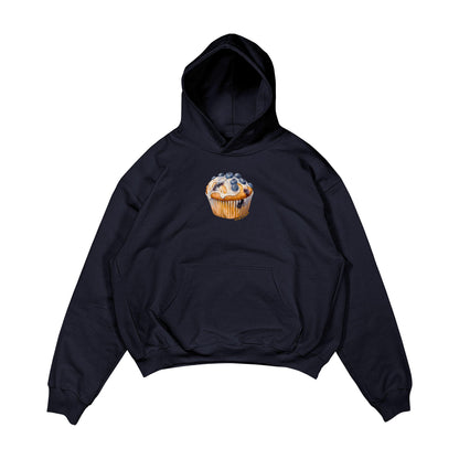 Aesthetic, cupcake desenli, cozy, pinterest tarzı, günlük kullanıma uygun olarak pamuklu kumaştan üretilmiş oversize koyu lacivert renk hoodie.