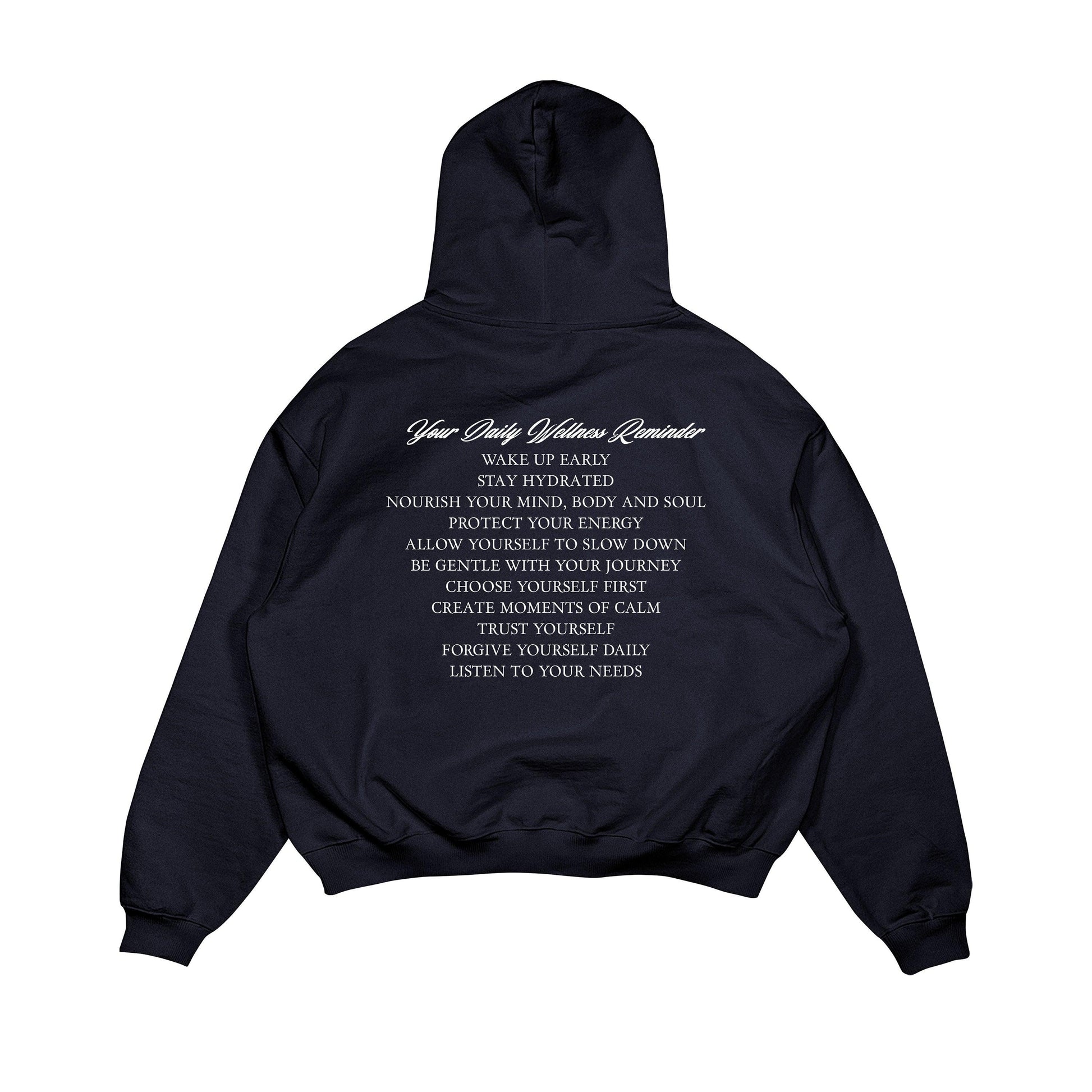 Aesthetic, motivasyon desenli, cozy, pinterest tarzı, günlük kullanıma uygun olarak pamuklu kumaştan üretilmiş oversize koyu lacivert renk hoodie.