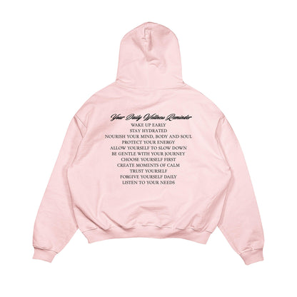 Aesthetic, motivasyon desenli, cozy, pinterest tarzı, günlük kullanıma uygun olarak pamuklu kumaştan üretilmiş oversize pembe renk hoodie.