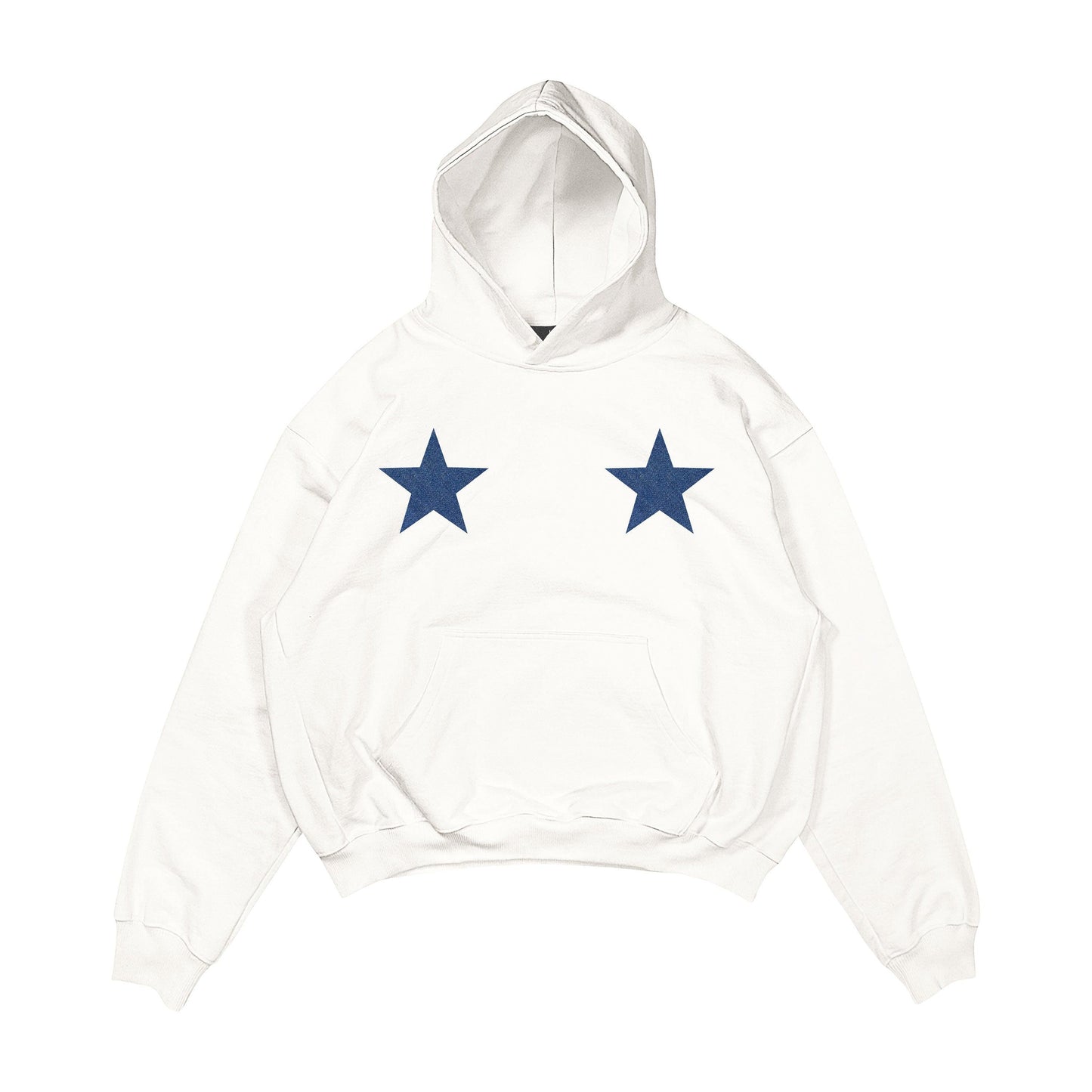 Aesthetic, denim yıldız desenli, cozy, pinterest tarzı, günlük kullanıma uygun olarak pamuklu kumaştan üretilmiş oversize ekru renk hoodie.