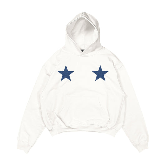 Aesthetic, denim yıldız desenli, cozy, pinterest tarzı, günlük kullanıma uygun olarak pamuklu kumaştan üretilmiş oversize ekru renk hoodie.