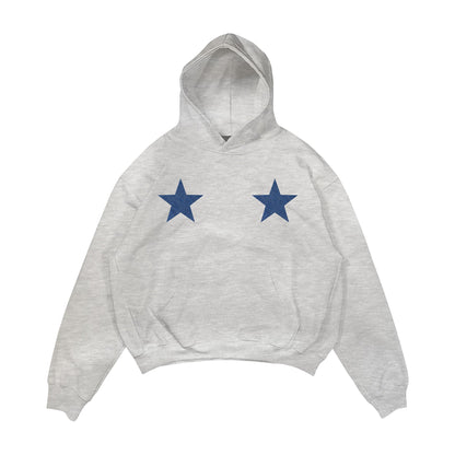 Aesthetic, denim yıldız desenli, cozy, pinterest tarzı, günlük kullanıma uygun olarak pamuklu kumaştan üretilmiş oversize gri renk hoodie.