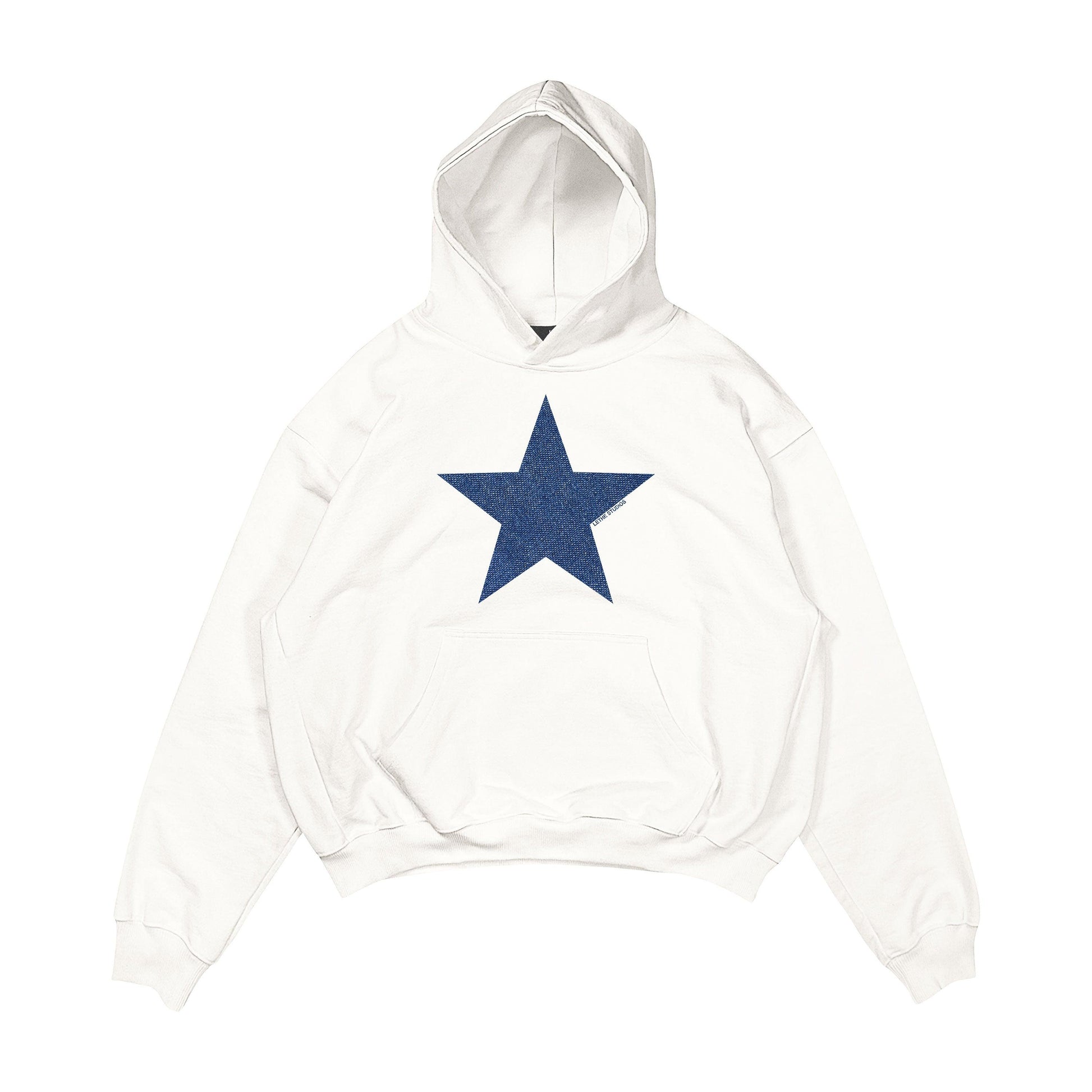 Aesthetic, denim yıldız desenli, cozy, pinterest tarzı, günlük kullanıma uygun olarak pamuklu kumaştan üretilmiş oversize ekru renk hoodie.