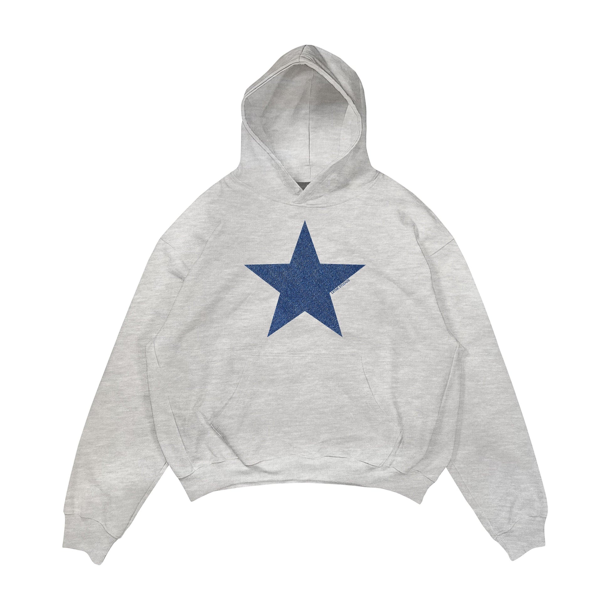 Aesthetic, denim yıldız desenli, cozy, pinterest tarzı, günlük kullanıma uygun olarak pamuklu kumaştan üretilmiş oversize gri renk hoodie.