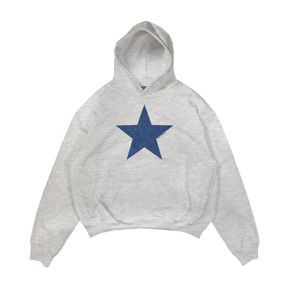 Aesthetic, denim yıldız desenli, cozy, pinterest tarzı, günlük kullanıma uygun olarak pamuklu kumaştan üretilmiş oversize gri renk hoodie.