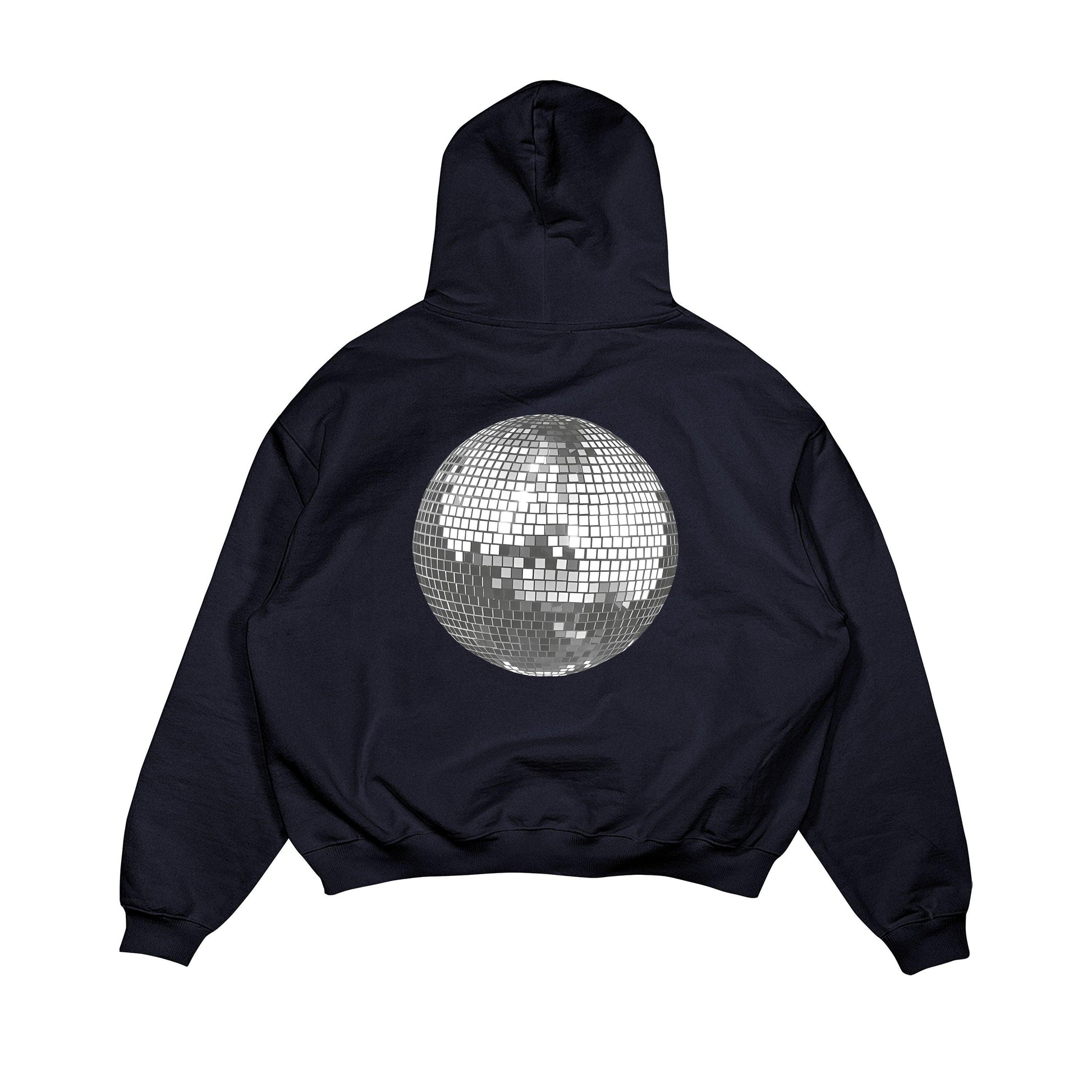 Aesthetic, discoball desenli, cozy, pinterest tarzı, günlük kullanıma uygun olarak pamuklu kumaştan üretilmiş oversize koyu lacivert renk hoodie.