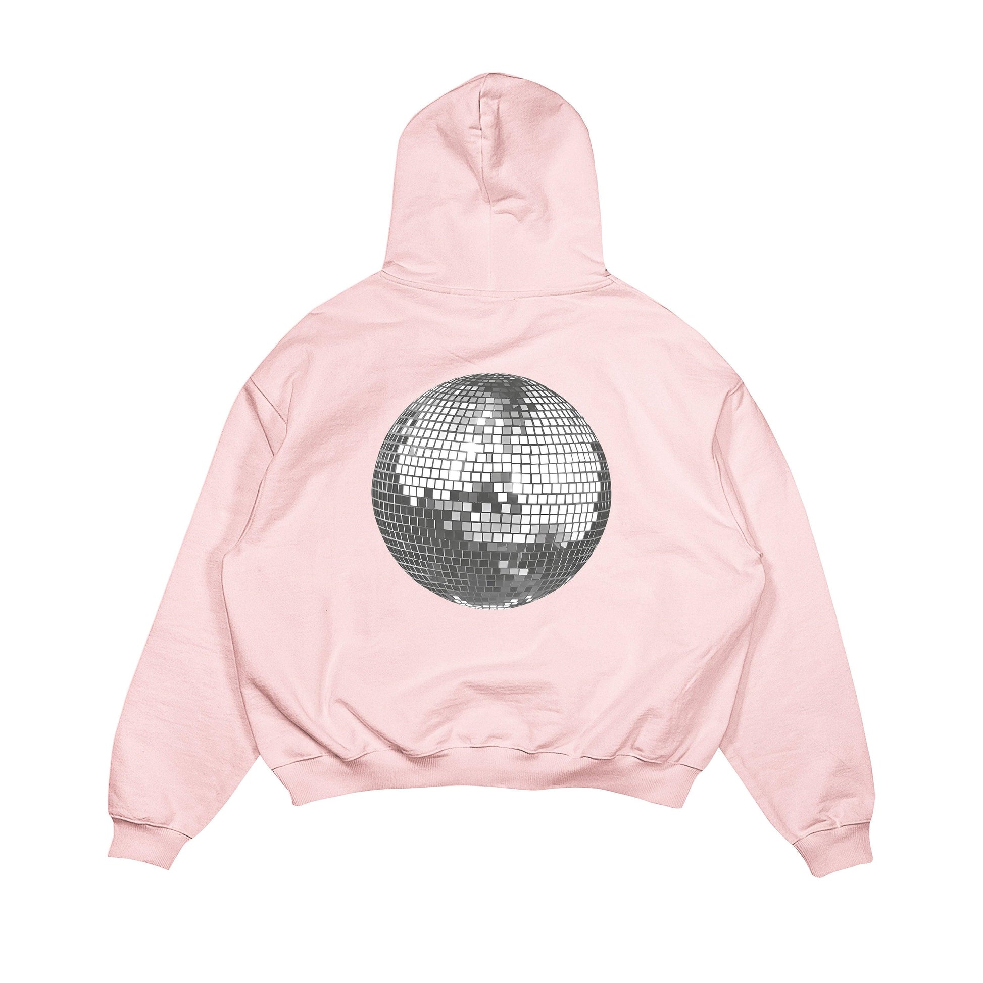 Aesthetic, discoball desenli, cozy, pinterest tarzı, günlük kullanıma uygun olarak pamuklu kumaştan üretilmiş oversize pembe renk hoodie.