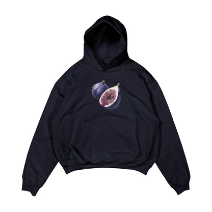 Aesthetic, incir desenli, cozy, pinterest tarzı, günlük kullanıma uygun olarak pamuklu kumaştan üretilmiş oversize koyu lacivert renk hoodie.